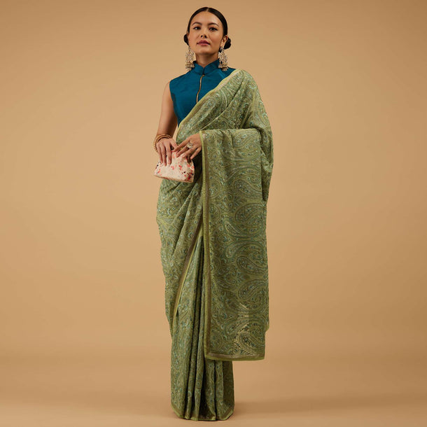 Festive Pista Green Saree Kashmiri Embroidered In Georgette