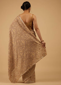 Mocha Brown Festive Toasted Almond Beige Saree Kashmiri Embroidered In Georgette