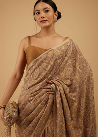 Mocha Brown Festive Toasted Almond Beige Saree Kashmiri Embroidered In Georgette