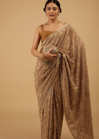 Mocha Brown Festive Toasted Almond Beige Saree Kashmiri Embroidered In Georgette