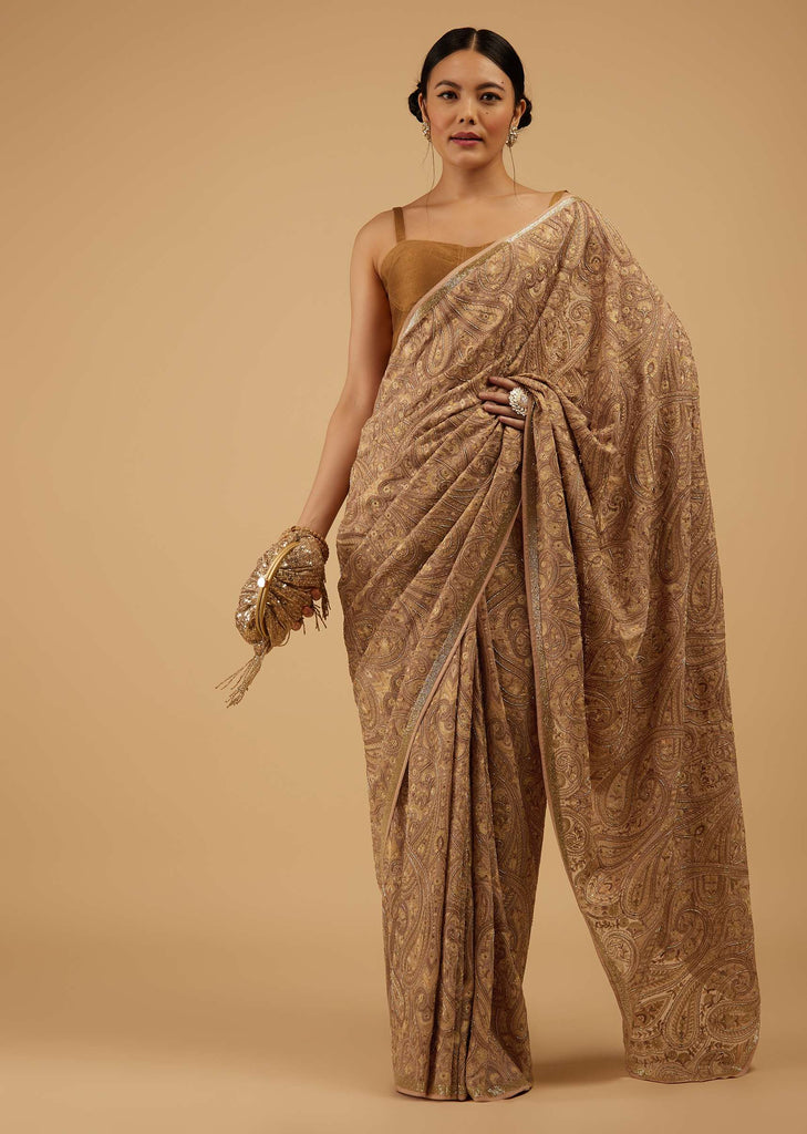 Mocha Brown Festive Toasted Almond Beige Saree Kashmiri Embroidered In Georgette