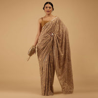 Mocha Brown Festive Toasted Almond Beige Saree Kashmiri Embroidered In Georgette