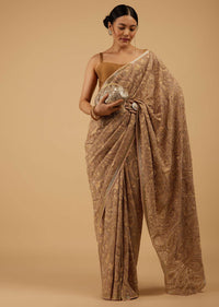 Mocha Brown Festive Toasted Almond Beige Saree Kashmiri Embroidered In Georgette