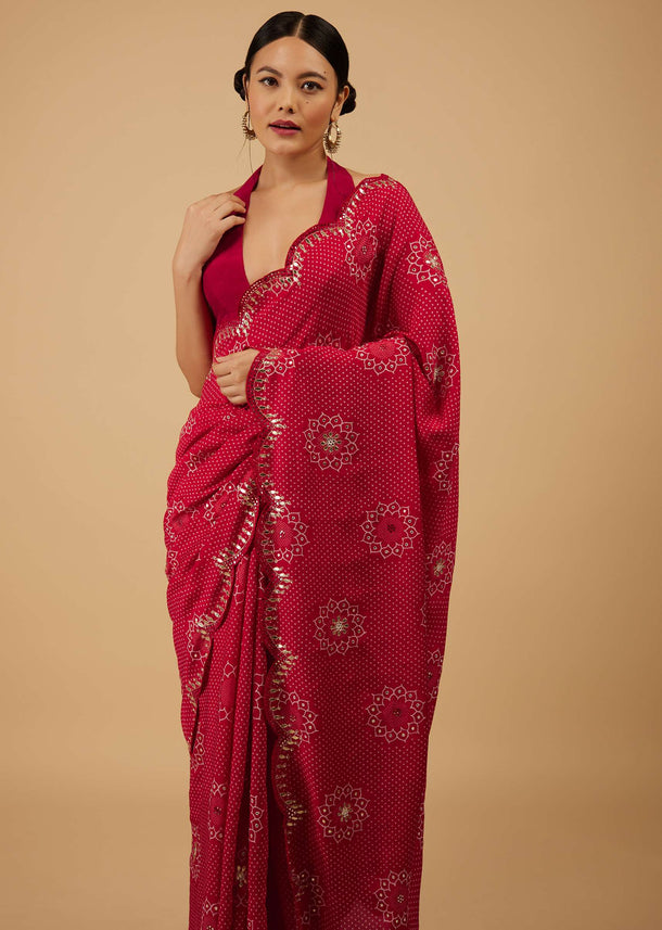 Valentine Red Festive Tomato Puree Red Bandhani Saree Embroidered In Muslin