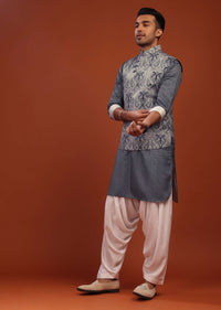 Airforce Blue Bandi Jacket Set In Pashmina Cotton With Paisley Block Print