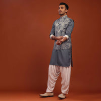 Airforce Blue Bandi Jacket Set In Pashmina Cotton With Paisley Block Print