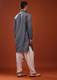 Airforce Blue Bandi Jacket Set In Pashmina Cotton With Paisley Block Print