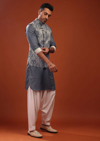 Airforce Blue Bandi Jacket Set In Pashmina Cotton With Paisley Block Print