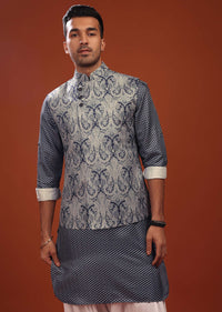 Airforce Blue Bandi Jacket Set In Pashmina Cotton With Paisley Block Print