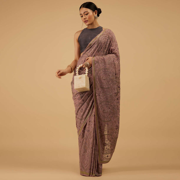 Festive Woodrose Dusty Pink Saree Kashmiri Embroidered In Georgette