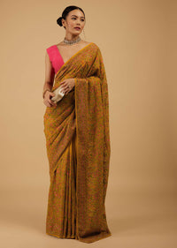 Ocher Yellow Festive Saree Kashmiri Embroidered In Georgette