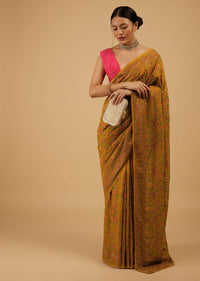 Ocher Yellow Festive Saree Kashmiri Embroidered In Georgette