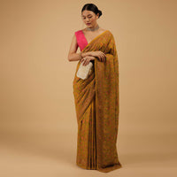 Ocher Yellow Festive Saree Kashmiri Embroidered In Georgette