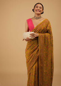 Ocher Yellow Festive Saree Kashmiri Embroidered In Georgette