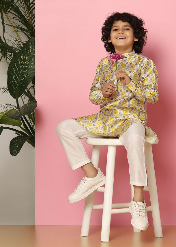 Kalki Festive Yellow Printed Kurta Set In Silk For Boys