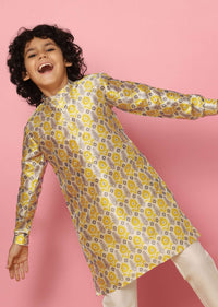 Kalki Festive Yellow Printed Kurta Set In Silk For Boys