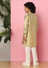 Kalki Festive Yellow Printed Kurta Set In Silk For Boys