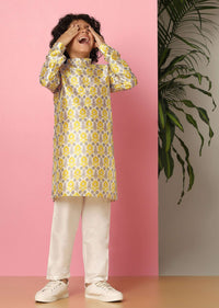 Kalki Festive Yellow Printed Kurta Set In Silk For Boys