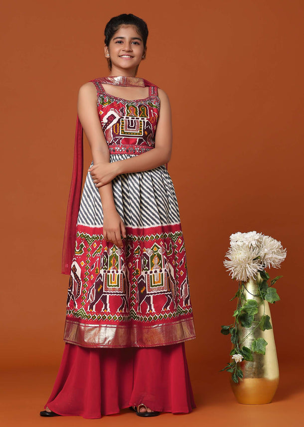 Kalki Fiery Red Printed Kurti And Palazzo Set In Silk For Girls
