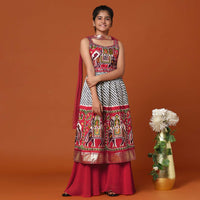 Kalki Fiery Red Printed Kurti And Palazzo Set In Silk For Girls