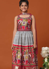 Kalki Fiery Red Printed Kurti And Palazzo Set In Silk For Girls