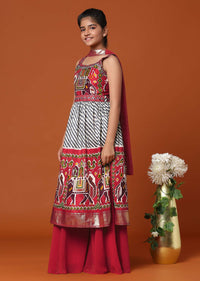 Kalki Fiery Red Printed Kurti And Palazzo Set In Silk For Girls