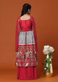 Kalki Fiery Red Printed Kurti And Palazzo Set In Silk For Girls