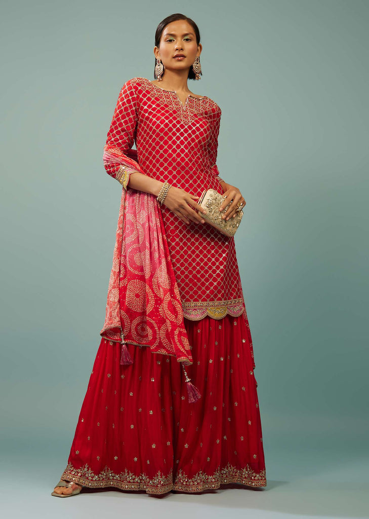 Fiery Red Sharara Suit With Embroidery And Bandhani Dupatta