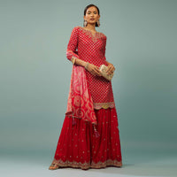 Fiery Red Sharara Suit With Embroidery And Bandhani Dupatta
