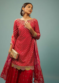 Fiery Red Sharara Suit With Embroidery And Bandhani Dupatta