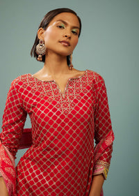 Fiery Red Sharara Suit With Embroidery And Bandhani Dupatta
