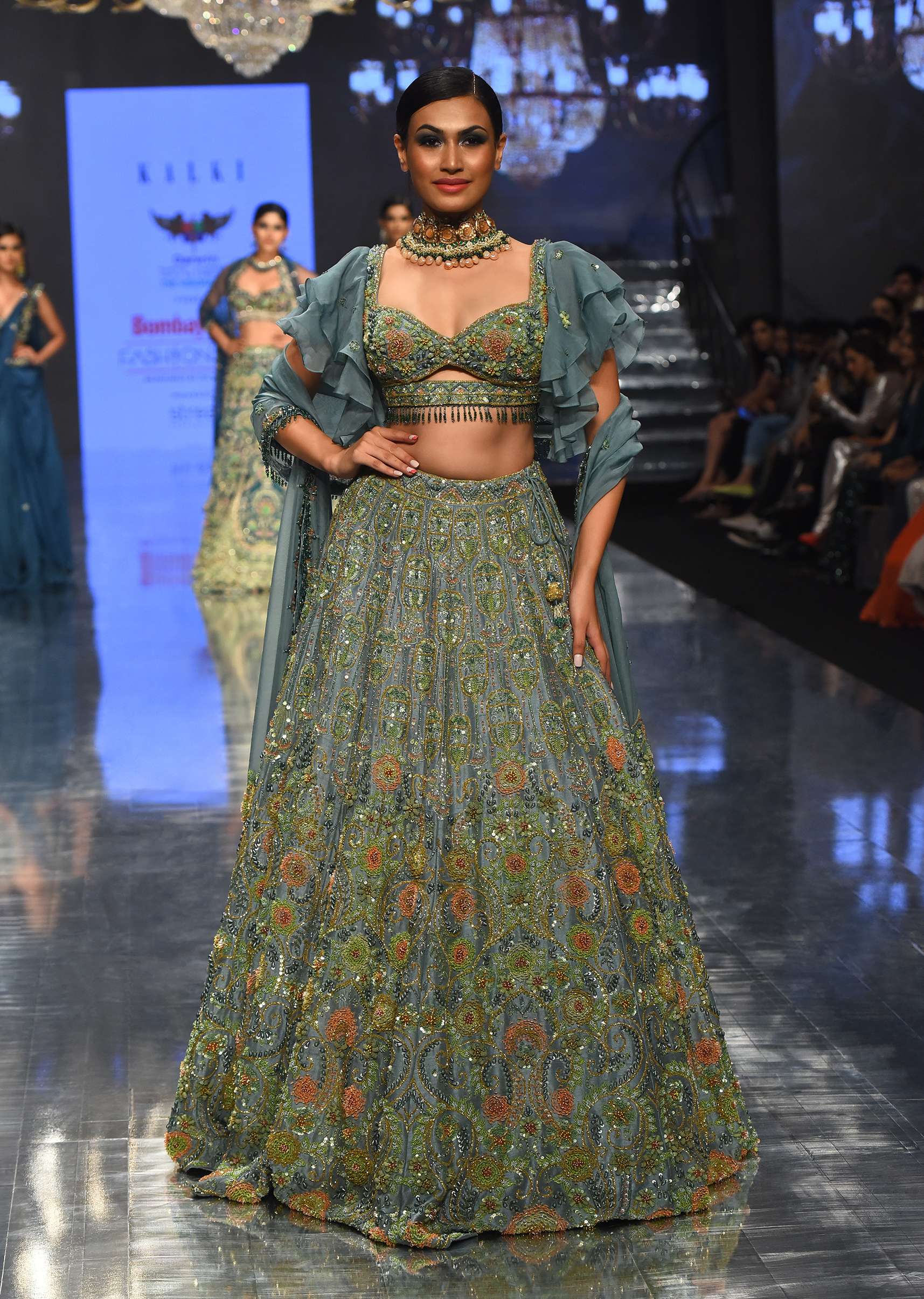 Pista Green Lehenga Set With Net Ruffle Shrug - NOOR 2022