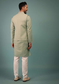 Fog Green Bandi Jacket Set In Handloom With Multicolor Floral Jaal Embroidery
