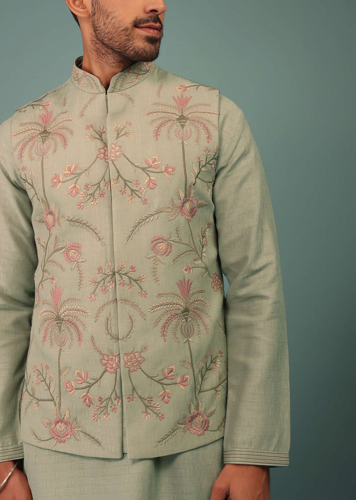 Fog Green Bandi Jacket Set In Handloom With Multicolor Floral Jaal Embroidery