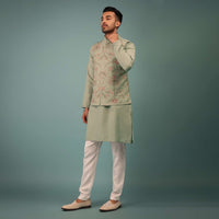 Fog Green Bandi Jacket Set In Handloom With Multicolor Floral Jaal Embroidery