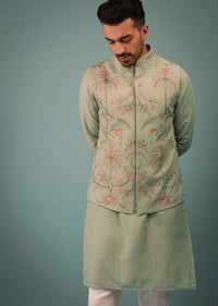 Fog Green Bandi Jacket Set In Handloom With Multicolor Floral Jaal Embroidery