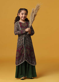 Kalki Forest Green Embroidered Top And Palazzo Set With Jacket In Georgette For Girls