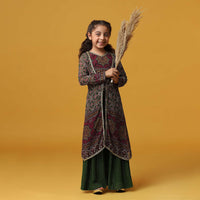 Kalki Forest Green Embroidered Top And Palazzo Set With Jacket In Georgette For Girls