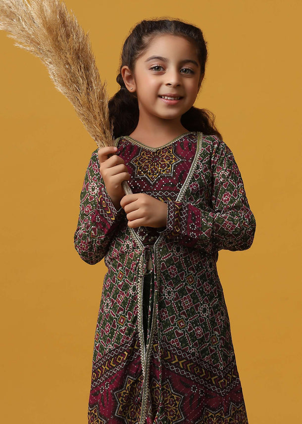 Kalki Forest Green Embroidered Top And Palazzo Set With Jacket In Georgette For Girls