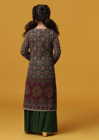 Kalki Forest Green Embroidered Top And Palazzo Set With Jacket In Georgette For Girls