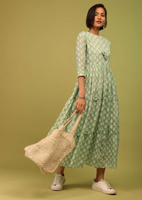 Light Pista Green Tiered Dress With Floral Block Print And Tassel Dori