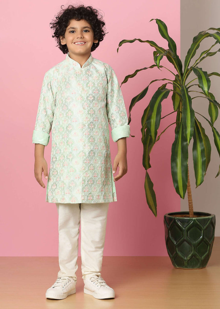 Kalki Frost White Boys Kurta Set In Silk With Threadwork