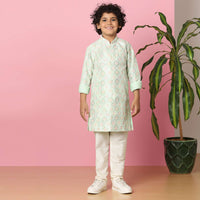 Kalki Frost White Boys Kurta Set In Silk With Threadwork