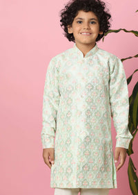 Kalki Frost White Boys Kurta Set In Silk With Threadwork