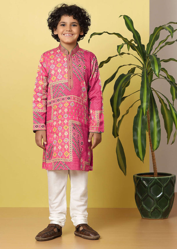 Kalki Fuschia Pink Boys Kurta Set In Silk With Mirror And Zari Work