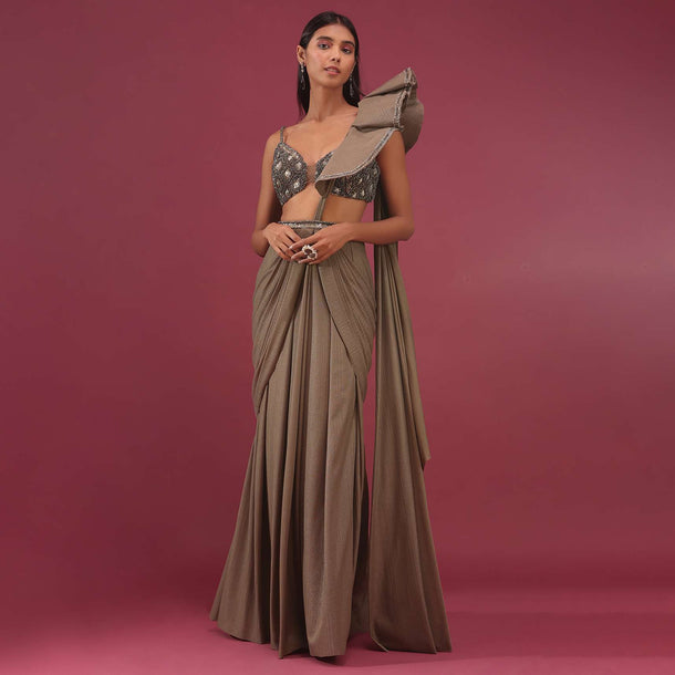 Coffee Brown Pre-Pleated Saree In Lycra With Embroidery