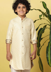 Kalki Gold Colored Boys Kurta Set In Silk With Threadwork
