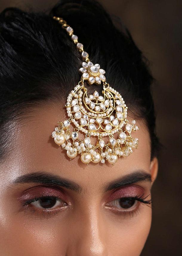 Gold Plated Kundan And Pearl Maang Tika