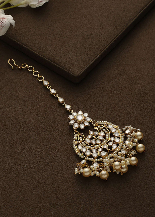 Gold Plated Kundan And Pearl Maang Tika