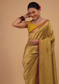 Gold Yellow Saree In Pure Banarasi Silk With Upada Zari Weave Floral Jaal Work